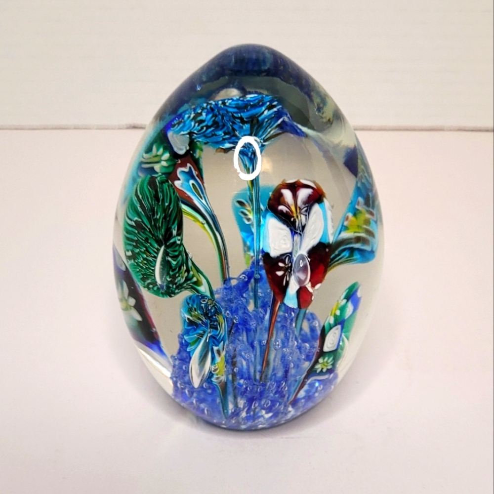 Art Glass with Pulled Millefiori Flowers Ovate Vintage Paperweight
